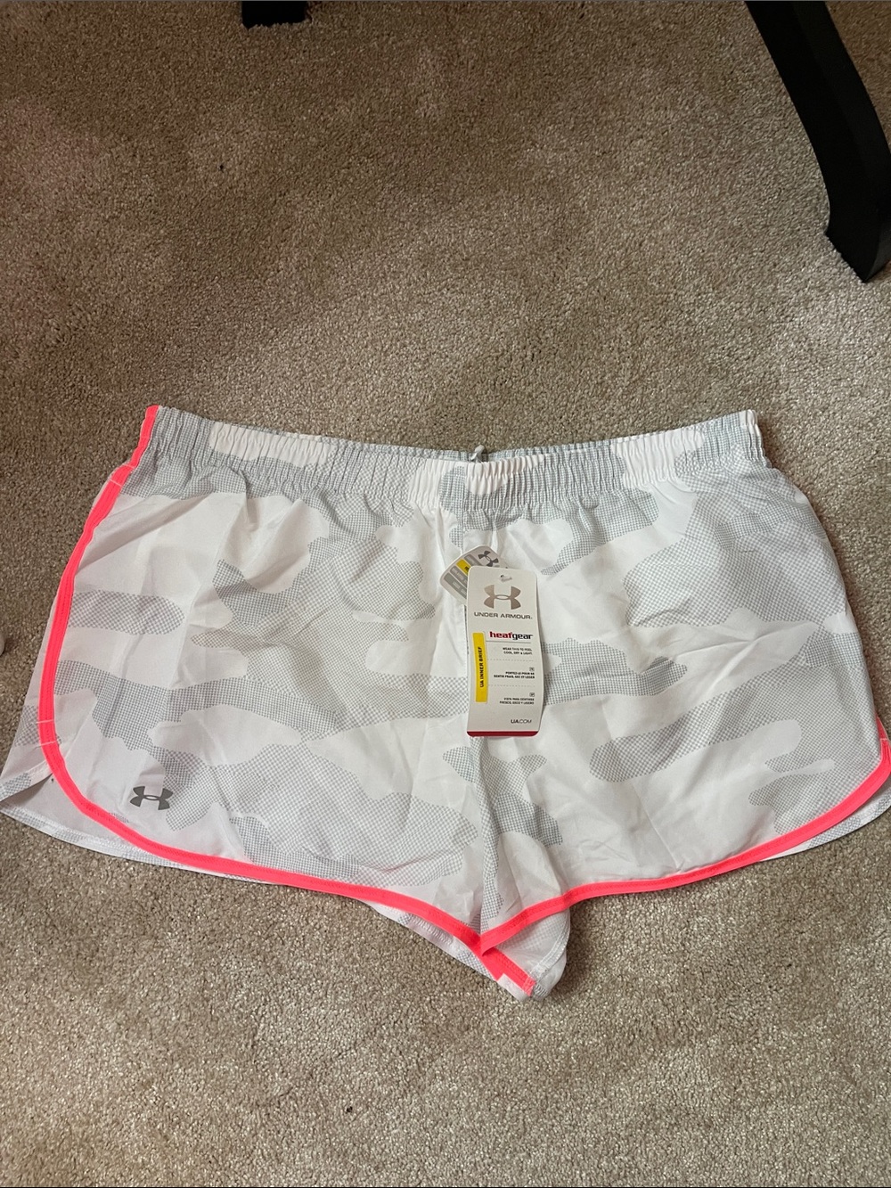 Under Armour Women’s White Camo Athletic Shorts with Neon Pink Trim